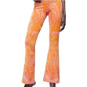 ZARA Orange Pink Jacquard Retro‎ Print 70’s Pants Bell Bottoms Flared size S NWT